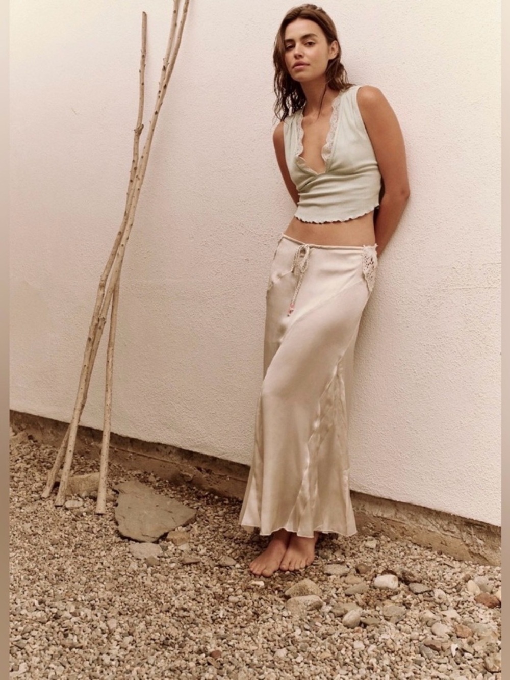 Free People Bohemian Nights Maxi Slip Skirt in Tofu (Rare!)